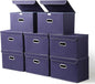 STOREONE Fabric Storage Cube Bins Foldable Organizer Container Collapsible Basket with Lids and Metal Handles, for Home, Bedroom, Closet 8 Pcs (Navy Blue)