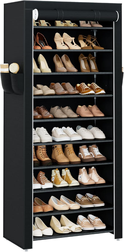CASAMAYA Shoe Rack with Covers, 10 Tiers Tall Shoe Rack Organizer, Large Capacity Shoe Shelf Storage, Hold 30 Pairs of Shoes, Vertical Shoe Storage Organizer for Closet, Entryway, Black, SRT103B01