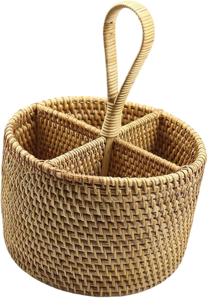 Utensil Holder Cutlery Holder Container for Spoon Fork Flatware Organizer Woven for Restaurant Dining Room Countertop Cooking, Round
