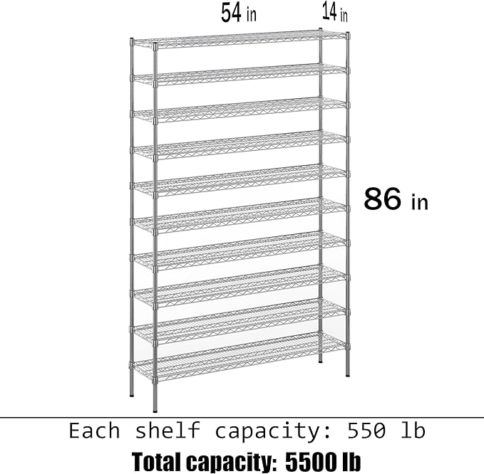 14" Deep x 54" Wide x 86" Height x Wire Shelving Kit | 10-Tier | NSF Commercial Storage Rack Unit