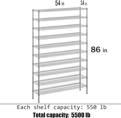 14" Deep x 54" Wide x 86" Height x Wire Shelving Kit | 10-Tier | NSF Commercial Storage Rack Unit