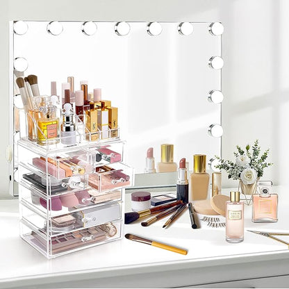 Clear Makeup Organizer with Brush Holder, Large Acrylic Cosmetic Display Jewelry & Make Up Organizers and Storage for Vanity, Bathroom (3 Large, 4 Small Drawers, Clear)