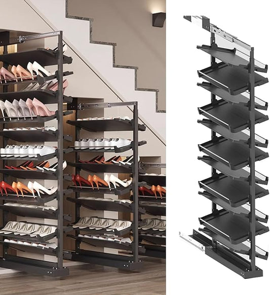 Pull-Out Shoe Rack Organizer for Closet Shoe Cabinet,Adjustable Height Retractable Metal Stackable Shoe Rack, Vertical Shelf Organizer for Small Bedroom Closet, Space Saving Storage, Black(58cm,11 Tie