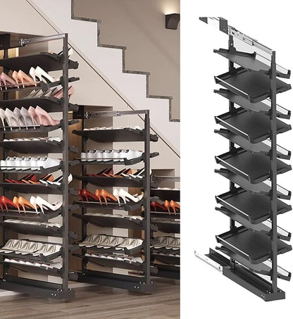 Pull-Out Shoe Rack Organizer for Closet Shoe Cabinet,Adjustable Height Retractable Metal Stackable Shoe Rack, Vertical Shelf Organizer for Small Bedroom Closet, Space Saving Storage, Black(68cm,11 Tie