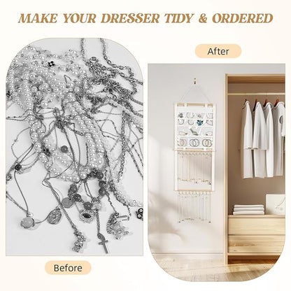 Necklace Holder Wall Mount, Hanging Jewelry Organizer, 20 Hooks & 14 Pockets, Wall Necklace Organizer With Detachable PVC Bags for Tavel, Jewelry Necklace Hanger for Bracelets,Rings Display