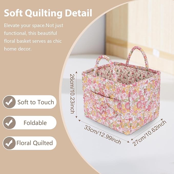 Storage Basket Boho Fabric Large Collapsible Floral Laundry Nursery Hamper Portable Folding Storage for Clothes Toys (Yellow)