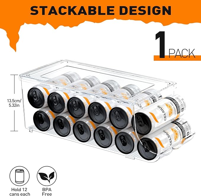 SCAVATA Skinny Can Organizer for Refrigerator, Stackable Tall Skinny Soda Pop Can Holder Dispenser with Lid for Fridge Pantry Rack Freezer, Clear Plastic Storage Bins-Holds 12 Slim Cans (See-through)