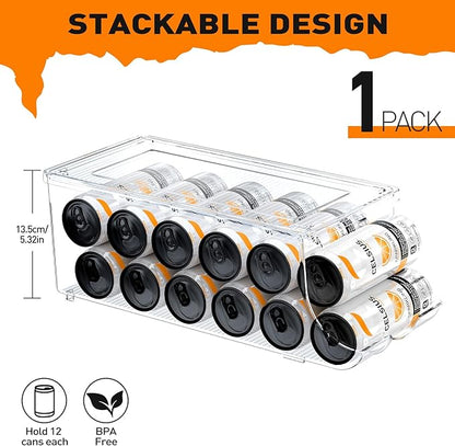 SCAVATA Skinny Can Organizer for Refrigerator, Stackable Tall Skinny Soda Pop Can Holder Dispenser with Lid for Fridge Pantry Rack Freezer, Clear Plastic Storage Bins-Holds 12 Slim Cans (See-through)