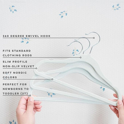 3 Sprouts Velvet Baby Hangers - Non-Slip Hangers for Infant and Toddler Clothes - Slim Space-Saving Design with Nordic Colors for Nursery - 30 Pack - Blue