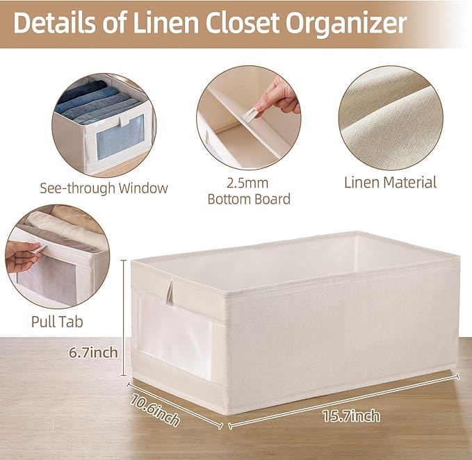 Linen Closet Organizers And Storage, 10 Pack Closet Storage Bins Linen Closet Baskets for Closet Organization Foldable Closet Organizer Bins with Clear Window For Organizing Clothing, Shelves, Jeans