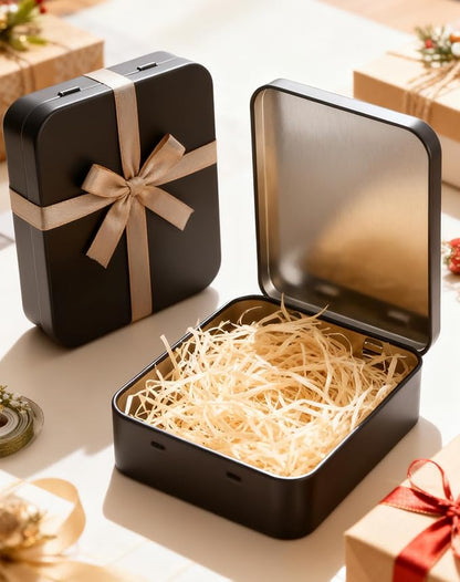 LJY 8 Pack Empty Rectangular Black Metal Storage Organizer Tins with Hinged Lids for Gifts & Treasures (3.7 x 3.3 x 1 inch)