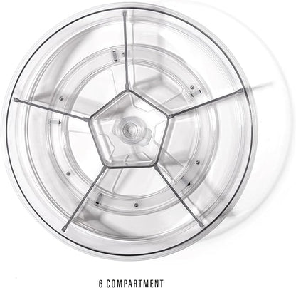 BINO Plastic Round Turntable Organizer with 6 Compartments - Clear | Spinning Divided Turntable Container | Rotating Organizer Storage for Bottle Condiments Fridge Kitchen Counter Pantry Bathroom