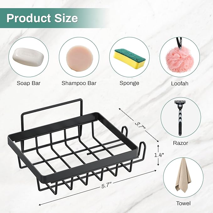 Adhesive Soap Bar Holder for Shower Wall with Soap Saver, Self Draining Soap Dish Container Caddy with 2 Hooks for Razor Loofah, Shampoo Sponge Tray Case Box for Bathroom Sink, Black