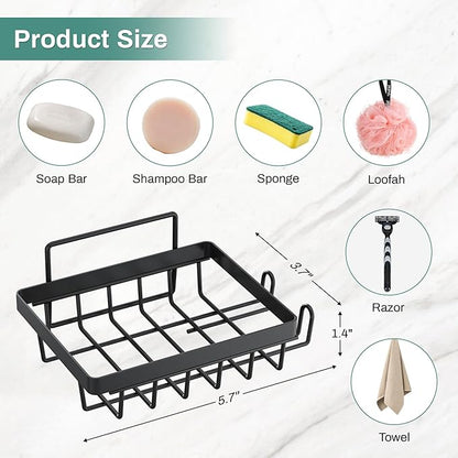 Adhesive Soap Bar Holder for Shower Wall with Soap Saver, Self Draining Soap Dish Container Caddy with 2 Hooks for Razor Loofah, Shampoo Sponge Tray Case Box for Bathroom Sink, Black