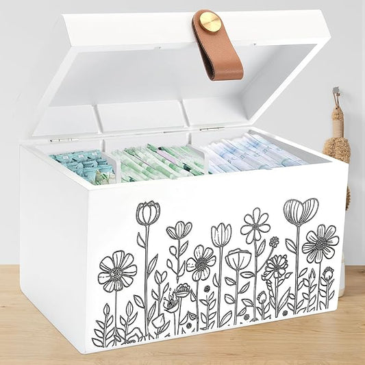 100% Solid Wood Tampon Holder Box with Lid, Copper Leather Pull, Absolute Real Wood Bathroom Decorative Box for Feminine Product Storage and Accessories such as Tampons, Cotton Balls, Gifts for Women