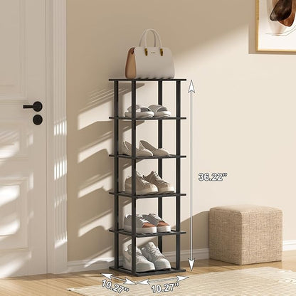 6-Tier Free Standing Shoe Racks, Bamboo Wood Shoe Rack for Entryway & Closet, Beautiful | Natural | Functional | Sturdy Shoe Rack Small Shoe Shelf for Small Spaces and Narrow Spaces Black