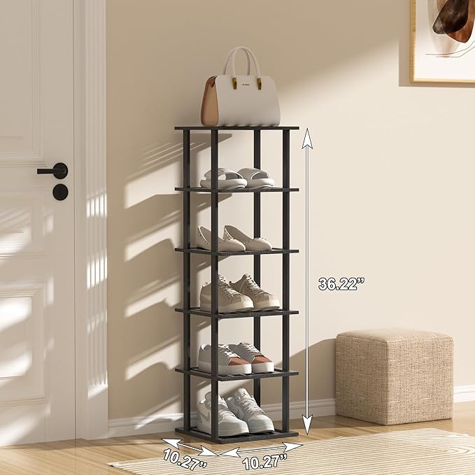 SHIISEWE Bamboo Shoe Rack for Small Spaces 6 Tier Tall Vertical Narrow Rack for Closet Stackable Shoe Holder, Black Stand for Entryway Storage Shoe Organizer
