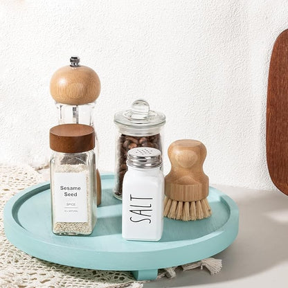 Round Decorative Tray Wood Bathroom Counter Organizer Farmhouse Kitchen Decor Wooden Riser for Soap Dish, Perfume, Candle, Sponge, 10" - Light Blue