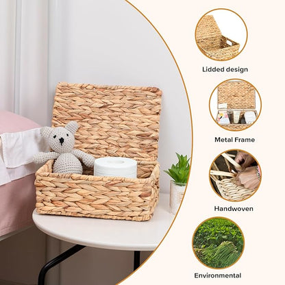 Wicker Storage Baskets, Hand-Woven Rectangular Wicker Basket with Lid for Bedroom & Living Room, Nesting Rattan Basket for Shelves (Water Hyacinth, 3-Pack)