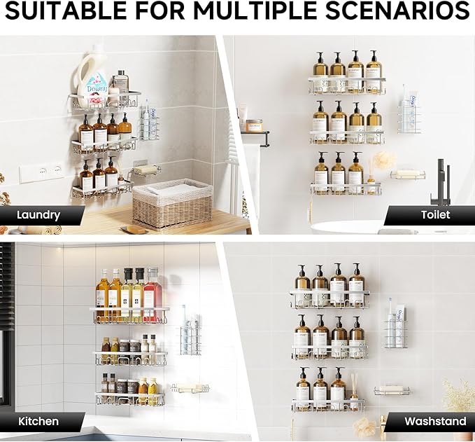 Shower Caddy, 5 Pack Shower Shelves for Inside Bathroom, Rustproof Adhesive Bathroom Organizer with Soap Holder, No Drilling Washroom Organizers and Storage for Bathtub Room/Kitchen, Silver