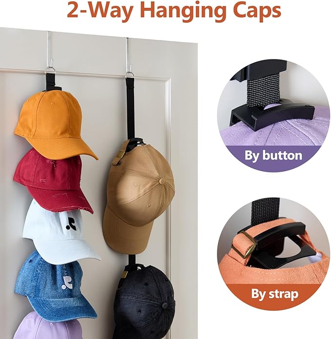 Over The Door Hat Organizer for Baseball Caps, 2-Way Hanging Hat Rack for Door, No-Drill Baseball Cap Organizer for Closet, Bedroom, Garage, Dorm Door (10 Hooks)