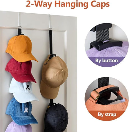 Over The Door Hat Organizer for Baseball Caps, 2-Way Hanging Hat Rack for Door, No-Drill Baseball Cap Organizer for Closet, Bedroom, Garage, Dorm Door (10 Hooks)