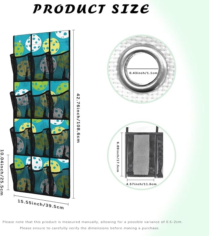 12-Pocket Storage Hanging Bag Behind the Door, Over the Door Organizer with Mesh Pockets for Shoes Essentials, Space Saving Door Organizer for Bedroom Dorm Closet, Pickleball Pattern
