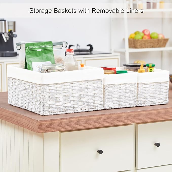 Vagusicc Wicker Basket, Set of 3 Hand-woven Storage Baskets for Organizing, Decorative Rectangle Wicker Storage Basket Bins with Handles, Small Toilet Paper Storage Baskets for Shelves & Decor, White