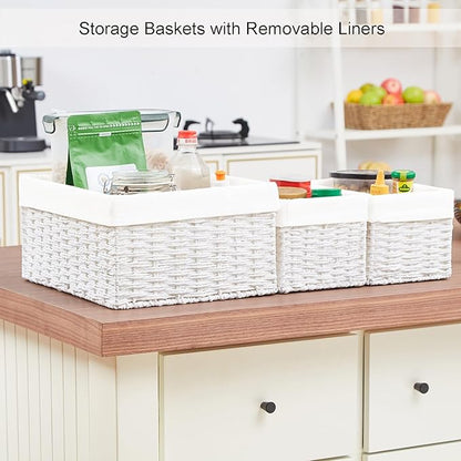 Vagusicc Wicker Basket, Set of 3 Hand-woven Storage Baskets for Organizing, Decorative Rectangle Wicker Storage Basket Bins with Handles, Small Toilet Paper Storage Baskets for Shelves & Decor, White