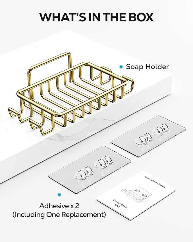 Nieifi Bar Soap Holder for Shower Wall with 4 Hooks, Stainless Steel Adhesive Soap Dish for Bathroom, Golden