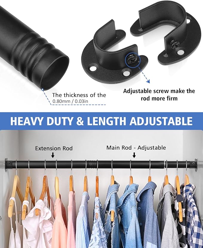 Closet Rods for Hanging Clothes - Heavy Duty, Length Adjustable (Black, 66.5" - 76")