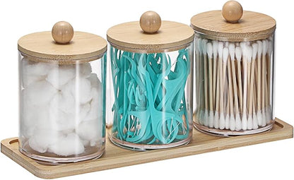 Qtip Holder with Vanity Tray Clear Cotton Ball Holder Cotton Swab Dispenser Bathroom Storage Canister with Lid Qtip Dispenser for Bathroom Office,3 Pcs
