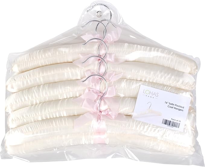 15" Luxurious Satin Padded Hangers with Anti-Rust Hook, for Dresses, Bridal, Lingerie, Woolen Items etc., Pack of 10, Cream