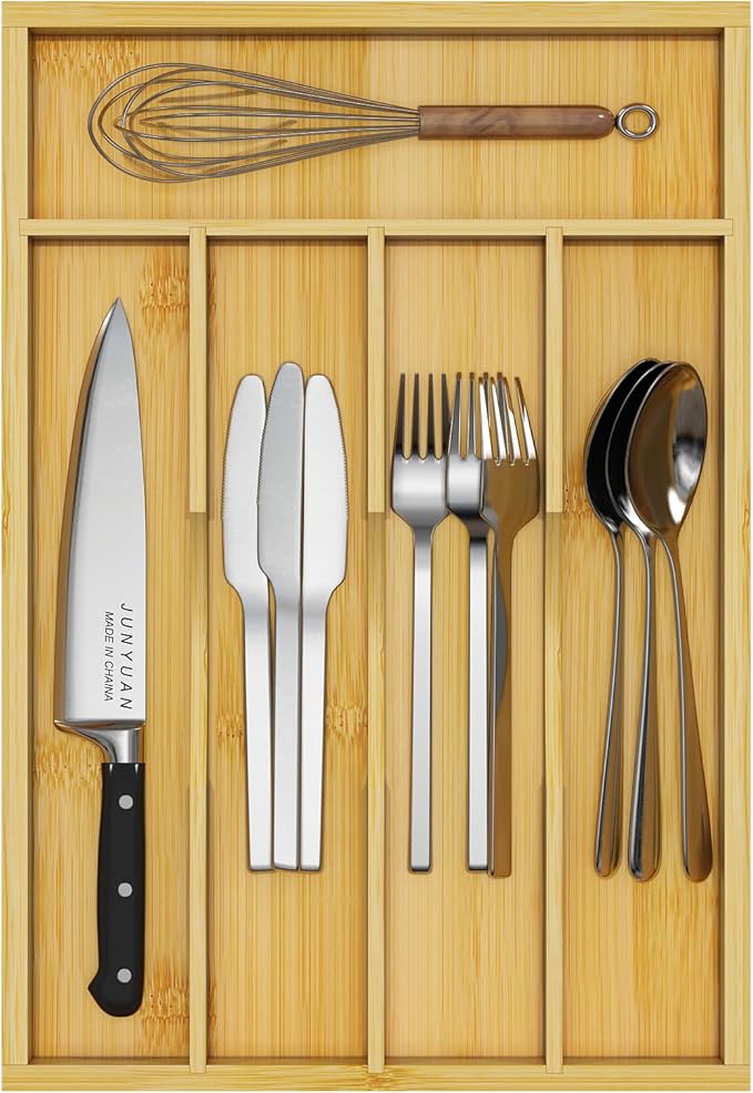 Youpehom Bamboo Utensil Organizer for Kitchen Drawers, Utensil Tray and Cutlery Silverware Holder,Wood Drawer Dividers with 5 Slots