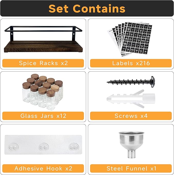 2-Tier Wall Mount Spice Rack Organizer with 12 Glass Jars, 216 Labels & Funnel - Screw/Adhesive Mount, Black Metal & Wood Spice Storage for Kitchen Pantry Cabinet, 11.6”W x 2.4”D x 3.2”H