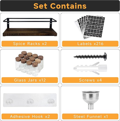 2-Tier Wall Mount Spice Rack Organizer with 12 Glass Jars, 216 Labels & Funnel - Screw/Adhesive Mount, Black Metal & Wood Spice Storage for Kitchen Pantry Cabinet, 11.6”W x 2.4”D x 3.2”H