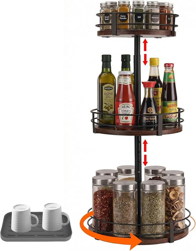 3-Tier Adjustable Lazy Susan Spice Rack Organizer, 360° Rotating Countertop Turntable with Wooden Shelves, Metal Frame & Silicone Drip Tray for Kitchen, Bathroom & Office