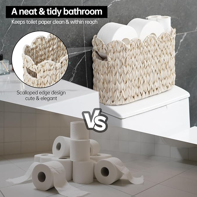 Coeusy Toilet Paper Storage Basket,Boho Decorative Scalloped Baskets,Coastal Bathroom Decor,Hand-Woven Plastic Wicker Bathroom Accessories Organizer