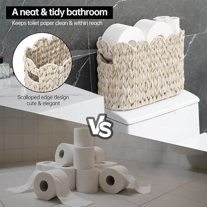 Coeusy Toilet Paper Storage Basket,Boho Decorative Scalloped Baskets,Coastal Bathroom Decor,Hand-Woven Plastic Wicker Bathroom Accessories Organizer