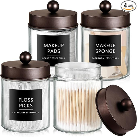 SheeChung Qtip Dispenser Holder 4pcs, Glass Apothecary Jars with Bronze Stainless Steel Lids &Stickers, Countertop Canister Guest Bathroom Storage Organizer Set for Cotton Swabs/Balls, Floss Picks