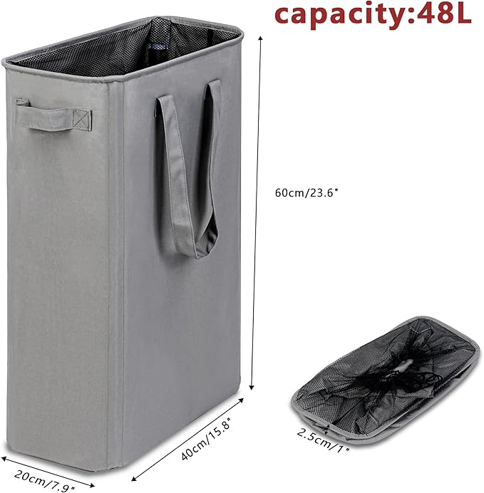 efluky Slim Laundry Basket, Narrow Laundry Hamper with Handles, Collapsible Dirty Clothes Hamper, Tall Laundry Bin for Laundry Room, Dorm and Bedroom, 12.7 Gallons(48L) Grey