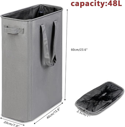 efluky Slim Laundry Basket, Narrow Laundry Hamper with Handles, Collapsible Dirty Clothes Hamper, Tall Laundry Bin for Laundry Room, Dorm and Bedroom, 12.7 Gallons(48L) Grey