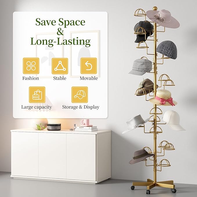 Freestanding Hats Rack Stand with 25 Customizable Circular Hooks Metal Hat Rack Hats Tree Organizer Rack Display Standing Floor Hat Stand for Home Store Commercial, Gold