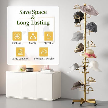 Freestanding Hats Rack Stand with 25 Customizable Circular Hooks Metal Hat Rack Hats Tree Organizer Rack Display Standing Floor Hat Stand for Home Store Commercial, Gold