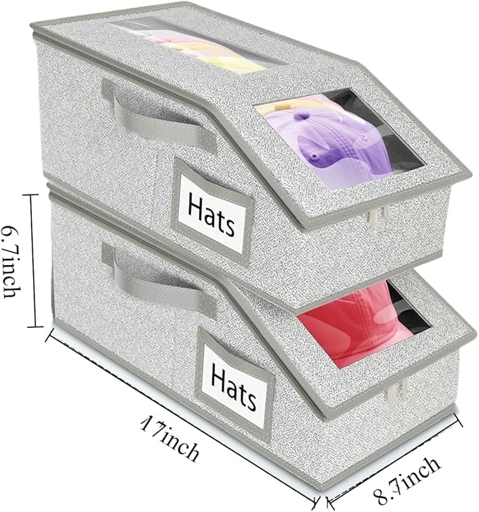 2-Pack Stackable Hat Organizer for Closet, Holds 30+ Baseball Caps, Clear Window View with Sturdy Cardboard Inserts, Snapback Hat Box Storage for Men & Women (Grey)