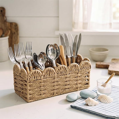 Scalloped Paper Rope Utensil Holder for Party Silverware Caddy 3 Compartment Utensil Basket Small Cutlery Holder for Party Kitchen Table Countertop Spoon Knives Fork Flatware Caddy Basket
