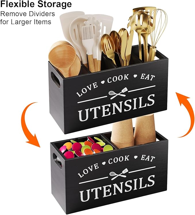Extra Large Utensil Holder for Kitchen Counter with 4 Compartments, Kitchen Cooking Utensils Holder for Countertop,Black Wooden Utensil Caddy for Farmhouse Spatula,Cutlery,Wood Wall Mounted Organizer