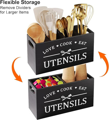 Extra Large Utensil Holder for Kitchen Counter with 4 Compartments, Kitchen Cooking Utensils Holder for Countertop,Black Wooden Utensil Caddy for Farmhouse Spatula,Cutlery,Wood Wall Mounted Organizer