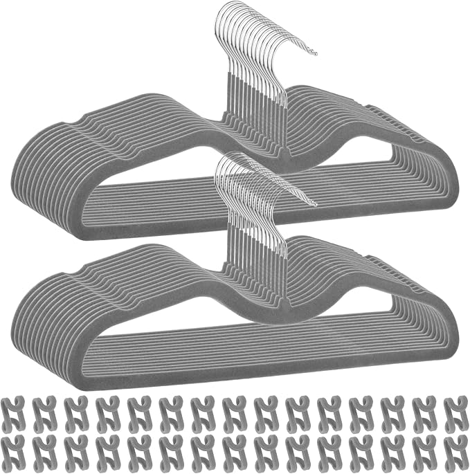 Pants Hangers Non Slip, 30 Pack Velvet Hangers for Closet with 30 Hooks, Slimline Space Saving Pants Hanger, Strong Durable Space Saving Flocked Hangaers for Pants/Shirts/Bra/Shorts (Grey-M-Shape)