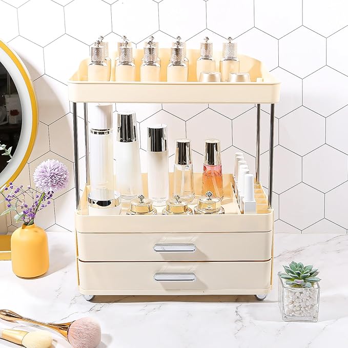DASITON 4 Tiers Makeup Organizer, 2 Drawers Large Cosmetic Organizers for Vanity Bathroom Countertop, Bathroom Organizers and Storage for Skincare, Cosmetic, Perfume, Dresser Organizer (Cream+Cream)